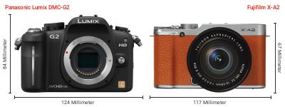 Größenvergleich: Panasonic Lumix DMC-G2 vs. Fujifilm X-A2 Größenvergleich: Panasonic Lumix DMC-G2 vs. Fujifilm X-A2