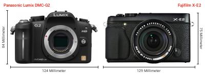 Größenvergleich: Panasonic Lumix DMC-G2 vs. Fujifilm X-E2 Größenvergleich: Panasonic Lumix DMC-G2 vs. Fujifilm X-E2