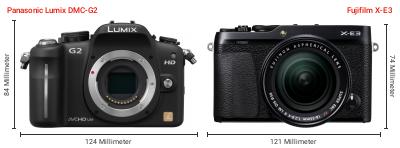 Größenvergleich: Panasonic Lumix DMC-G2 vs. Fujifilm X-E3 Größenvergleich: Panasonic Lumix DMC-G2 vs. Fujifilm X-E3