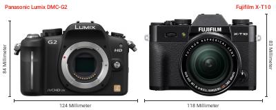 Größenvergleich: Panasonic Lumix DMC-G2 vs. Fujifilm X-T10 Größenvergleich: Panasonic Lumix DMC-G2 vs. Fujifilm X-T10