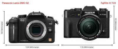 Größenvergleich: Panasonic Lumix DMC-G2 vs. Fujifilm X-T20 Größenvergleich: Panasonic Lumix DMC-G2 vs. Fujifilm X-T20