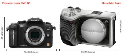 Größenvergleich: Panasonic Lumix DMC-G2 vs. Hasselblad Lunar Größenvergleich: Panasonic Lumix DMC-G2 vs. Hasselblad Lunar