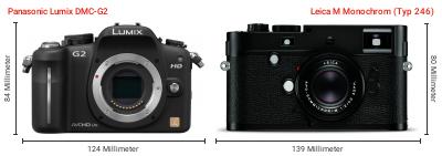 Größenvergleich: Panasonic Lumix DMC-G2 vs. Leica M Monochrom (Typ 246) Größenvergleich: Panasonic Lumix DMC-G2 vs. Leica M Monochrom (Typ 246)