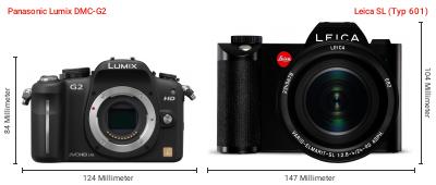 Größenvergleich: Panasonic Lumix DMC-G2 vs. Leica SL (Typ 601) Größenvergleich: Panasonic Lumix DMC-G2 vs. Leica SL (Typ 601)