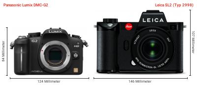 Größenvergleich: Panasonic Lumix DMC-G2 vs. Leica SL2 (Typ 2998) Größenvergleich: Panasonic Lumix DMC-G2 vs. Leica SL2 (Typ 2998)