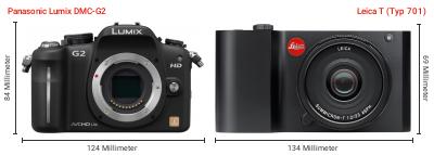 Größenvergleich: Panasonic Lumix DMC-G2 vs. Leica T (Typ 701) Größenvergleich: Panasonic Lumix DMC-G2 vs. Leica T (Typ 701)