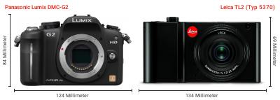 Größenvergleich: Panasonic Lumix DMC-G2 vs. Leica TL2 (Typ 5370) Größenvergleich: Panasonic Lumix DMC-G2 vs. Leica TL2 (Typ 5370)