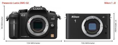 Größenvergleich: Panasonic Lumix DMC-G2 vs. Nikon 1 J2 Größenvergleich: Panasonic Lumix DMC-G2 vs. Nikon 1 J2