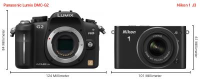 Größenvergleich: Panasonic Lumix DMC-G2 vs. Nikon 1 J3 Größenvergleich: Panasonic Lumix DMC-G2 vs. Nikon 1 J3