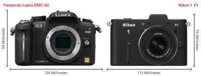 Größenvergleich: Panasonic Lumix DMC-G2 vs. Nikon 1 V1 Größenvergleich: Panasonic Lumix DMC-G2 vs. Nikon 1 V1