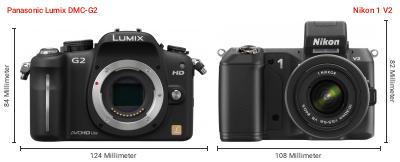 Größenvergleich: Panasonic Lumix DMC-G2 vs. Nikon 1 V2 Größenvergleich: Panasonic Lumix DMC-G2 vs. Nikon 1 V2