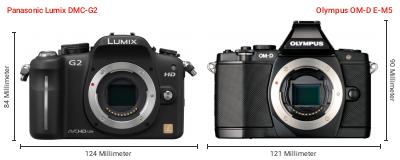 Größenvergleich: Panasonic Lumix DMC-G2 vs. OM System OM-D E-M5 Größenvergleich: Panasonic Lumix DMC-G2 vs. OM System OM-D E-M5