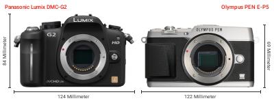 Größenvergleich: Panasonic Lumix DMC-G2 vs. OM System PEN E-P5 Größenvergleich: Panasonic Lumix DMC-G2 vs. OM System PEN E-P5
