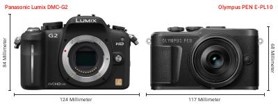 Größenvergleich: Panasonic Lumix DMC-G2 vs. OM System PEN E-PL10