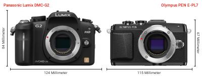 Größenvergleich: Panasonic Lumix DMC-G2 vs. OM System PEN E-PL7 Größenvergleich: Panasonic Lumix DMC-G2 vs. OM System PEN E-PL7