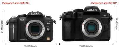 Größenvergleich: Panasonic Lumix DMC-G2 vs. Panasonic Lumix DC-G91 Größenvergleich: Panasonic Lumix DMC-G2 vs. Panasonic Lumix DC-G91