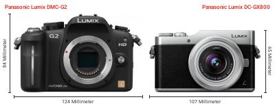 Größenvergleich: Panasonic Lumix DMC-G2 vs. Panasonic Lumix DC-GX800 Größenvergleich: Panasonic Lumix DMC-G2 vs. Panasonic Lumix DC-GX800