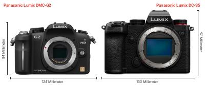 Größenvergleich: Panasonic Lumix DMC-G2 vs. Panasonic Lumix DC-S5 Größenvergleich: Panasonic Lumix DMC-G2 vs. Panasonic Lumix DC-S5