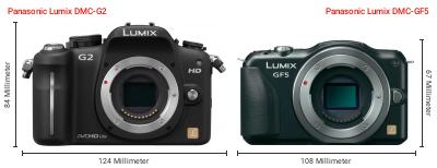 Größenvergleich: Panasonic Lumix DMC-G2 vs. Panasonic Lumix DMC-GF5 Größenvergleich: Panasonic Lumix DMC-G2 vs. Panasonic Lumix DMC-GF5