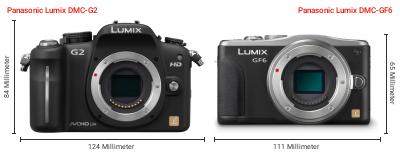 Größenvergleich: Panasonic Lumix DMC-G2 vs. Panasonic Lumix DMC-GF6 Größenvergleich: Panasonic Lumix DMC-G2 vs. Panasonic Lumix DMC-GF6
