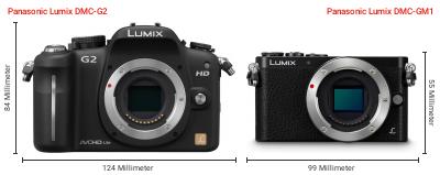 Größenvergleich: Panasonic Lumix DMC-G2 vs. Panasonic Lumix DMC-GM1 Größenvergleich: Panasonic Lumix DMC-G2 vs. Panasonic Lumix DMC-GM1