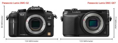 Größenvergleich: Panasonic Lumix DMC-G2 vs. Panasonic Lumix DMC-GX7 Größenvergleich: Panasonic Lumix DMC-G2 vs. Panasonic Lumix DMC-GX7