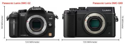 Größenvergleich: Panasonic Lumix DMC-G2 vs. Panasonic Lumix DMC-GX8 Größenvergleich: Panasonic Lumix DMC-G2 vs. Panasonic Lumix DMC-GX8