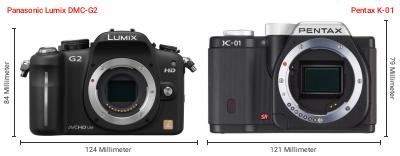 Größenvergleich: Panasonic Lumix DMC-G2 vs. Pentax K-01 Größenvergleich: Panasonic Lumix DMC-G2 vs. Pentax K-01
