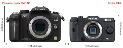 Größenvergleich: Panasonic Lumix DMC-G2 vs. Pentax Q10 Größenvergleich: Panasonic Lumix DMC-G2 vs. Pentax Q10