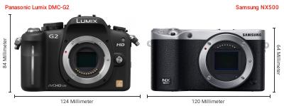 Größenvergleich: Panasonic Lumix DMC-G2 vs. Samsung NX500 Größenvergleich: Panasonic Lumix DMC-G2 vs. Samsung NX500