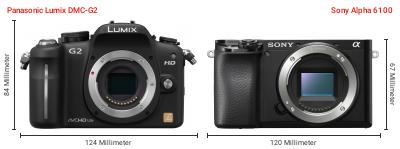Größenvergleich: Panasonic Lumix DMC-G2 vs. Sony Alpha 6100 Größenvergleich: Panasonic Lumix DMC-G2 vs. Sony Alpha 6100