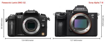 Größenvergleich: Panasonic Lumix DMC-G2 vs. Sony Alpha 7 III Größenvergleich: Panasonic Lumix DMC-G2 vs. Sony Alpha 7 III