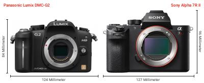 Größenvergleich: Panasonic Lumix DMC-G2 vs. Sony Alpha 7R II Größenvergleich: Panasonic Lumix DMC-G2 vs. Sony Alpha 7R II