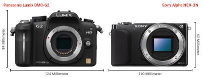 Größenvergleich: Panasonic Lumix DMC-G2 vs. Sony Alpha NEX-3N Größenvergleich: Panasonic Lumix DMC-G2 vs. Sony Alpha NEX-3N