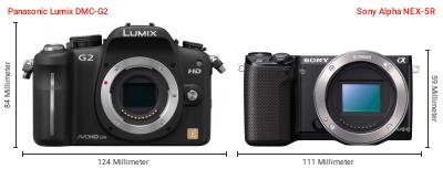 Größenvergleich: Panasonic Lumix DMC-G2 vs. Sony Alpha NEX-5R Größenvergleich: Panasonic Lumix DMC-G2 vs. Sony Alpha NEX-5R
