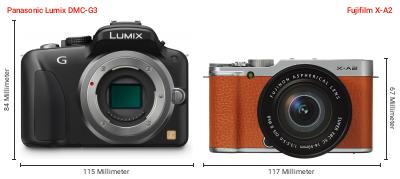 Größenvergleich: Panasonic Lumix DMC-G3 vs. Fujifilm X-A2 Größenvergleich: Panasonic Lumix DMC-G3 vs. Fujifilm X-A2