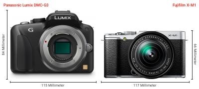 Größenvergleich: Panasonic Lumix DMC-G3 vs. Fujifilm X-M1 Größenvergleich: Panasonic Lumix DMC-G3 vs. Fujifilm X-M1
