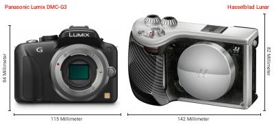 Größenvergleich: Panasonic Lumix DMC-G3 vs. Hasselblad Lunar Größenvergleich: Panasonic Lumix DMC-G3 vs. Hasselblad Lunar