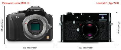 Größenvergleich: Panasonic Lumix DMC-G3 vs. Leica M-P (Typ 240) Größenvergleich: Panasonic Lumix DMC-G3 vs. Leica M-P (Typ 240)