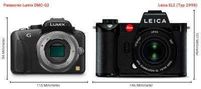 Größenvergleich: Panasonic Lumix DMC-G3 vs. Leica SL2 (Typ 2998) Größenvergleich: Panasonic Lumix DMC-G3 vs. Leica SL2 (Typ 2998)