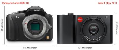 Größenvergleich: Panasonic Lumix DMC-G3 vs. Leica T (Typ 701) Größenvergleich: Panasonic Lumix DMC-G3 vs. Leica T (Typ 701)
