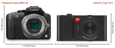 Größenvergleich: Panasonic Lumix DMC-G3 vs. Leica TL (Typ 701) Größenvergleich: Panasonic Lumix DMC-G3 vs. Leica TL (Typ 701)