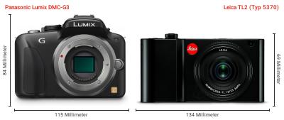 Größenvergleich: Panasonic Lumix DMC-G3 vs. Leica TL2 (Typ 5370) Größenvergleich: Panasonic Lumix DMC-G3 vs. Leica TL2 (Typ 5370)