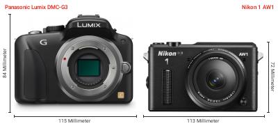 Größenvergleich: Panasonic Lumix DMC-G3 vs. Nikon 1 AW1 Größenvergleich: Panasonic Lumix DMC-G3 vs. Nikon 1 AW1