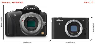 Größenvergleich: Panasonic Lumix DMC-G3 vs. Nikon 1 J2 Größenvergleich: Panasonic Lumix DMC-G3 vs. Nikon 1 J2