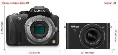 Größenvergleich: Panasonic Lumix DMC-G3 vs. Nikon 1 J3 Größenvergleich: Panasonic Lumix DMC-G3 vs. Nikon 1 J3