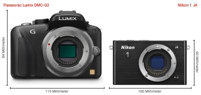 Größenvergleich: Panasonic Lumix DMC-G3 vs. Nikon 1 J4 Größenvergleich: Panasonic Lumix DMC-G3 vs. Nikon 1 J4