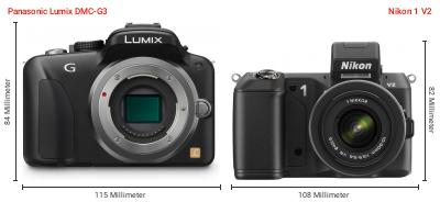 Größenvergleich: Panasonic Lumix DMC-G3 vs. Nikon 1 V2 Größenvergleich: Panasonic Lumix DMC-G3 vs. Nikon 1 V2