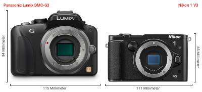 Größenvergleich: Panasonic Lumix DMC-G3 vs. Nikon 1 V3 Größenvergleich: Panasonic Lumix DMC-G3 vs. Nikon 1 V3
