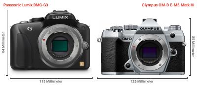 Größenvergleich: Panasonic Lumix DMC-G3 vs. OM System OM-D E-M5 Mark III Größenvergleich: Panasonic Lumix DMC-G3 vs. OM System OM-D E-M5 Mark III